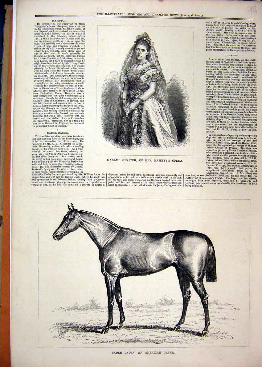 Original Old Antique Print 1878 Baden Race Horse Madame Gerster Majesty Opera