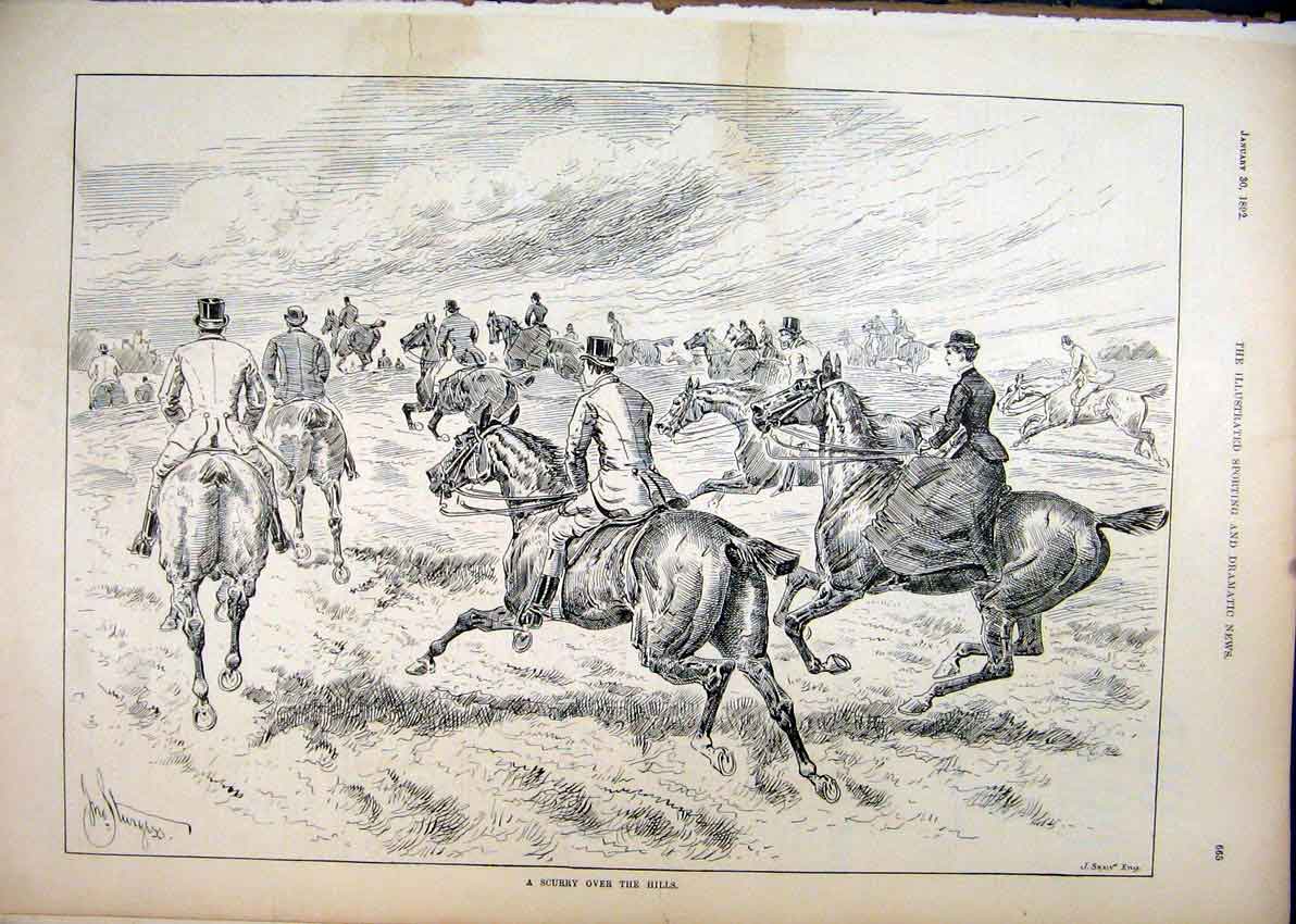 Original Old Antique Print 1892 Horses Scurry Hills Hunting Gallop Country Scene
