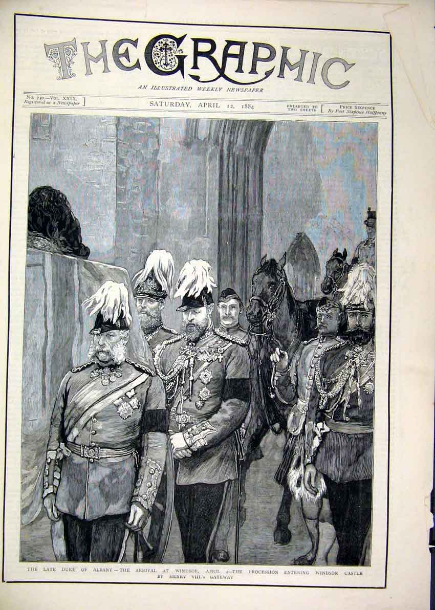 Original Old Antique Print 1884 Duke Albany Windsor Funeral Villa Nevada Study