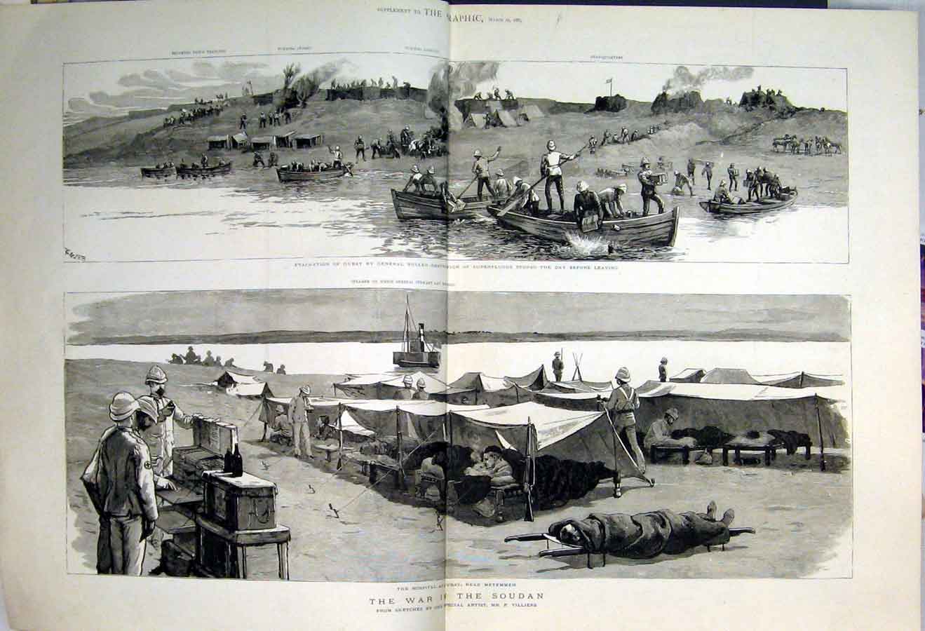 Old Antique Print 1885 War Soudan Gubat Hospital General Earle Nile River 19th
