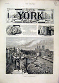 Original Old Antique Print York 1881 City Walls Monk Bar Merchants Hall Station