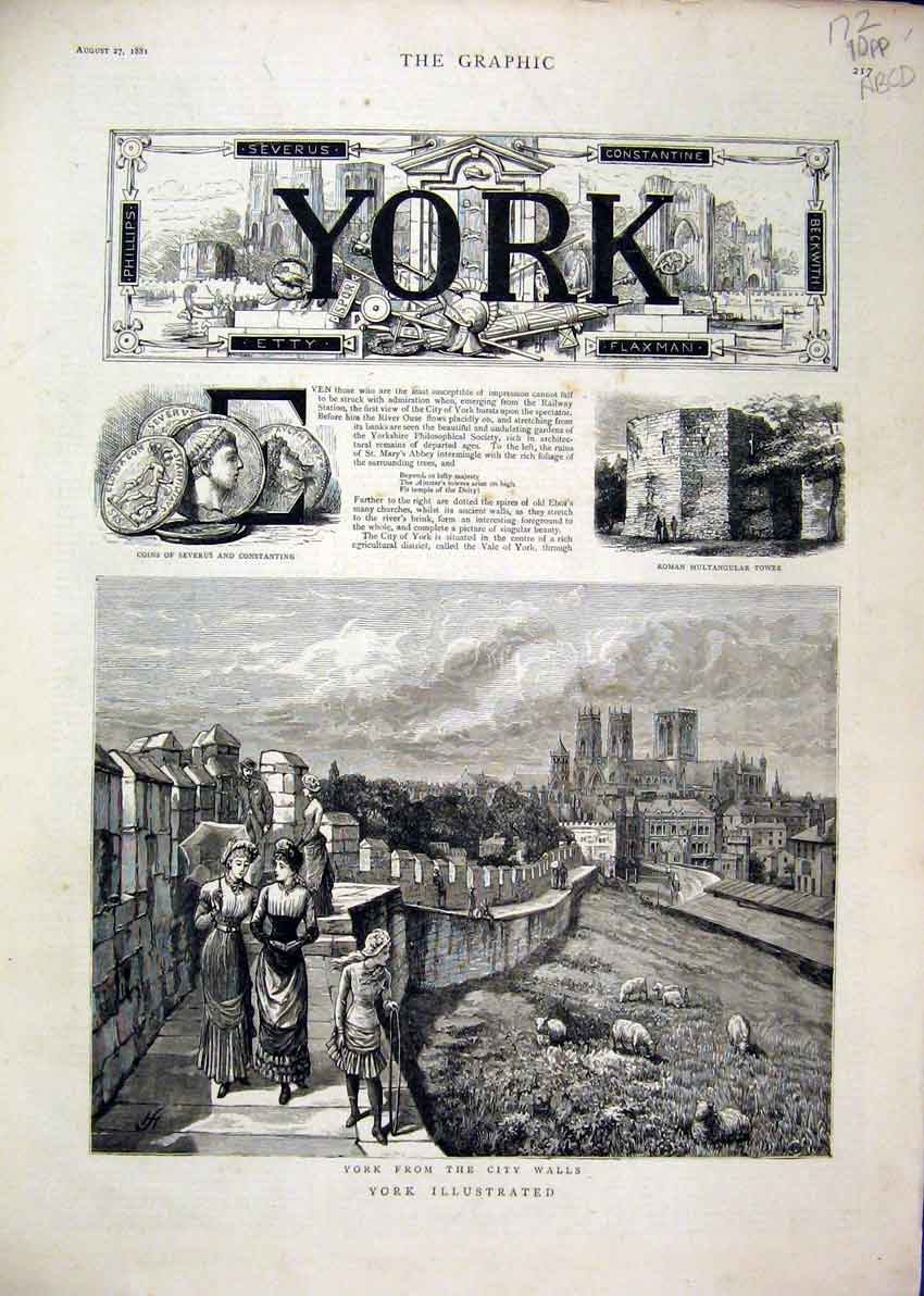 Original Old Antique Print York 1881 City Walls Monk Bar Merchants Hall Station