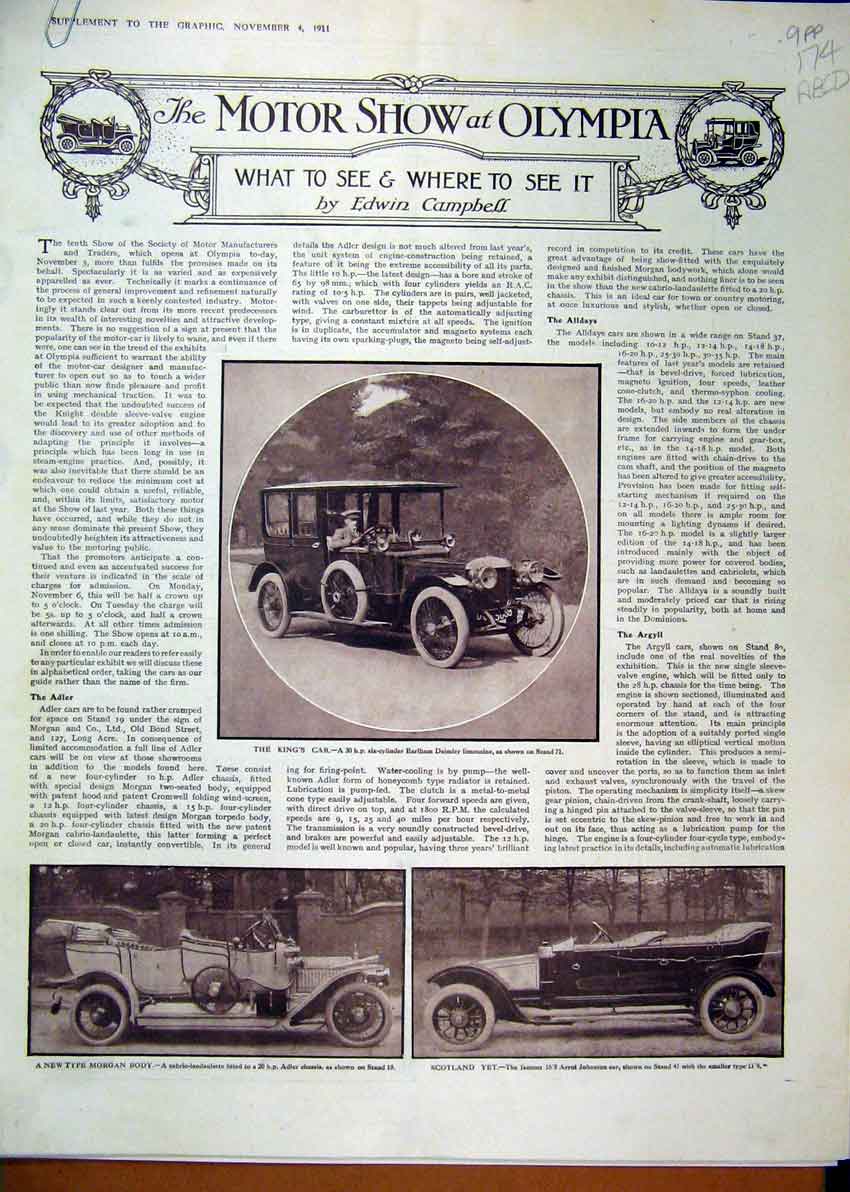 Old Antique Print 1911 Motor Car Show Olympia Kings Car Limousine Advert 20th