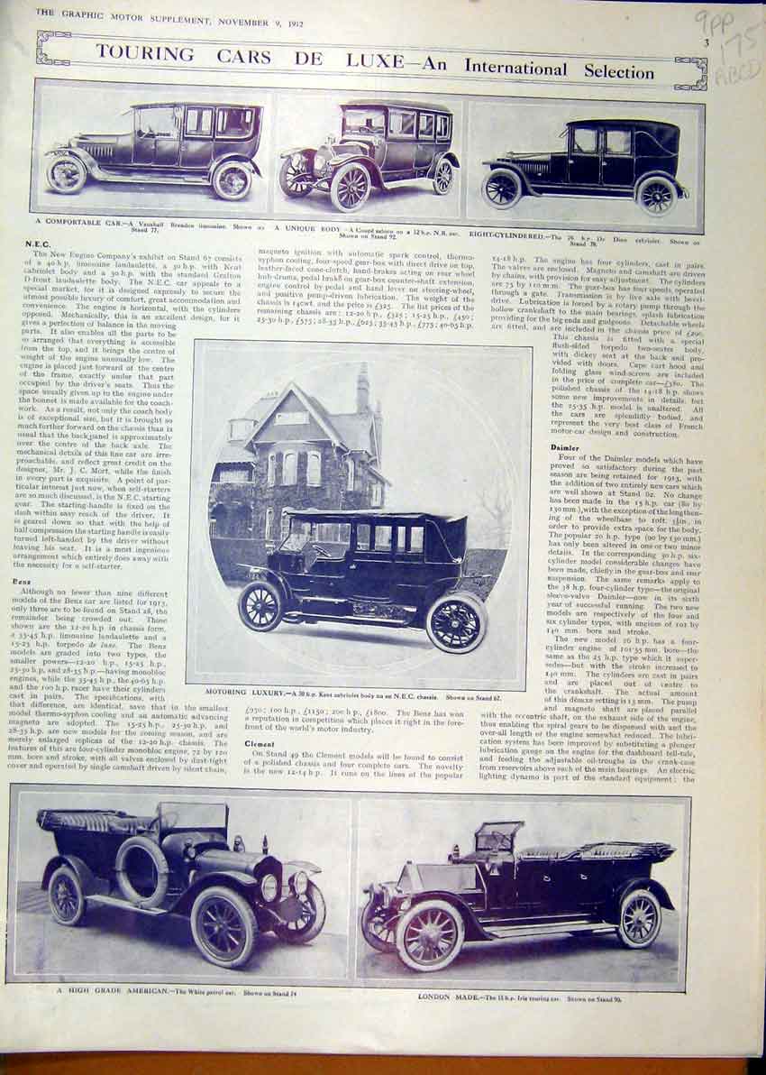 Old Antique Print 1912 Touring Motor Cars International Selection Advert 20th