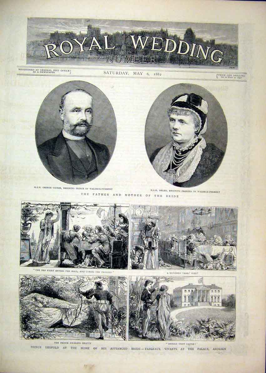 Original Old Antique Print Royal Wedding 1882 Bride Bridesmaids Claremont House