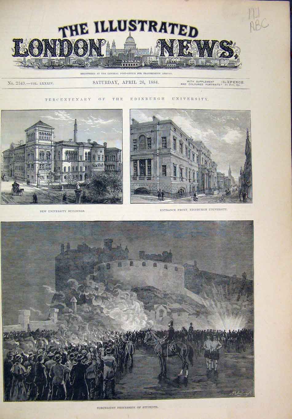 Old Antique Print 1884 Tercentenary Edinburgh University Theatre Provost 19th