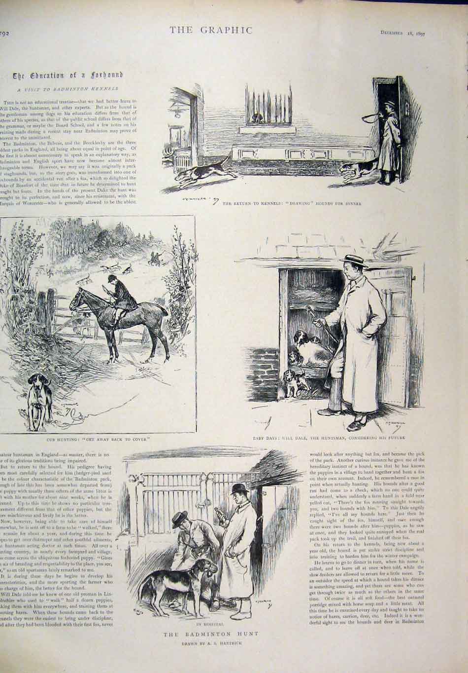 Original Old Antique Print 1897 Badminton Hunt Kennels Cub Hounds Furnivals Inn