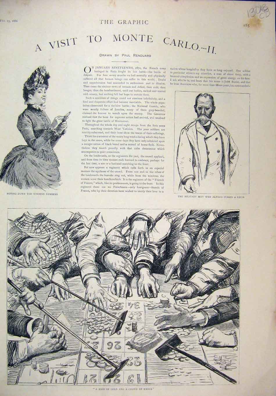 Original Old Antique Print Monte Carlo 1886 Casino Gambling Saloon Players Louis