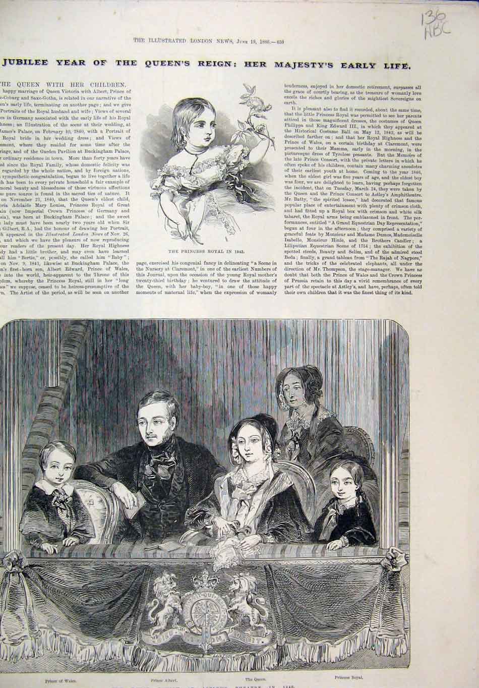 Original Old Antique Print 1886 Jubilee Royal Family Astley Theatre Early Life