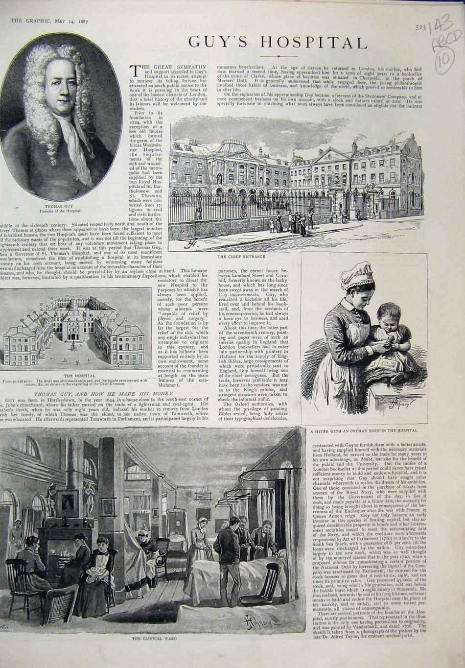 Original Old Antique Print Guy'S Hospital 1887 Thomas Clinical Ward William Hunt