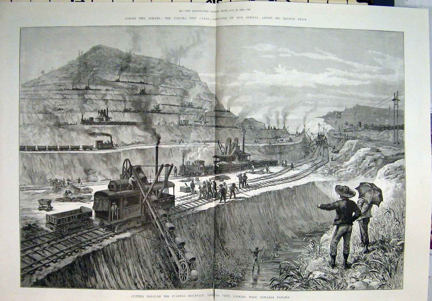 Old Antique Print 1888 Panama Ship Canal Railway Lesseps Culebra Mountain 19th