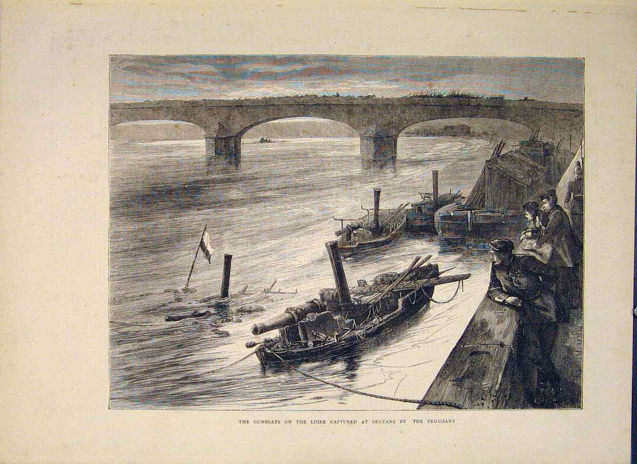 Original Old Antique Print Gunboats Gun Boats Loire Orleans Prussians War 1871
