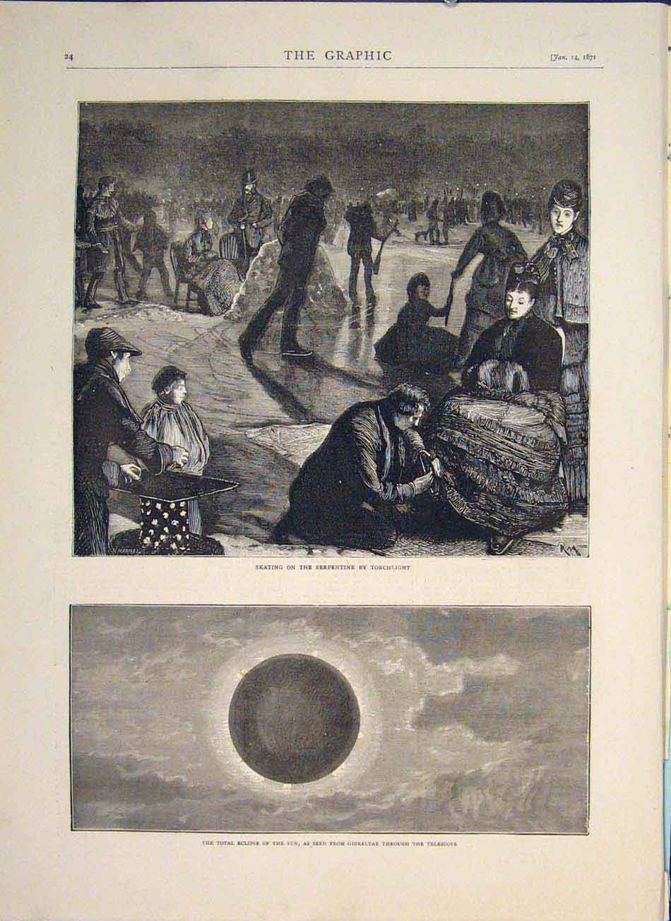 Old Antique Print Skating Serpentine Eclipse Sun Gibraltar Telescope 1871 19th