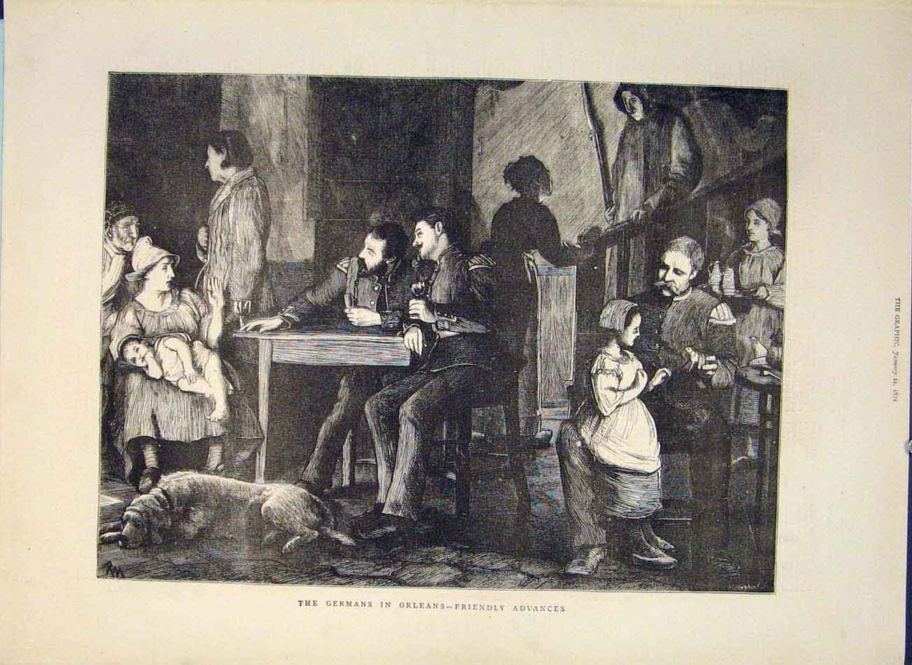 Original Old Antique Print Germans Orleans France Friendly Advance 1871 19th