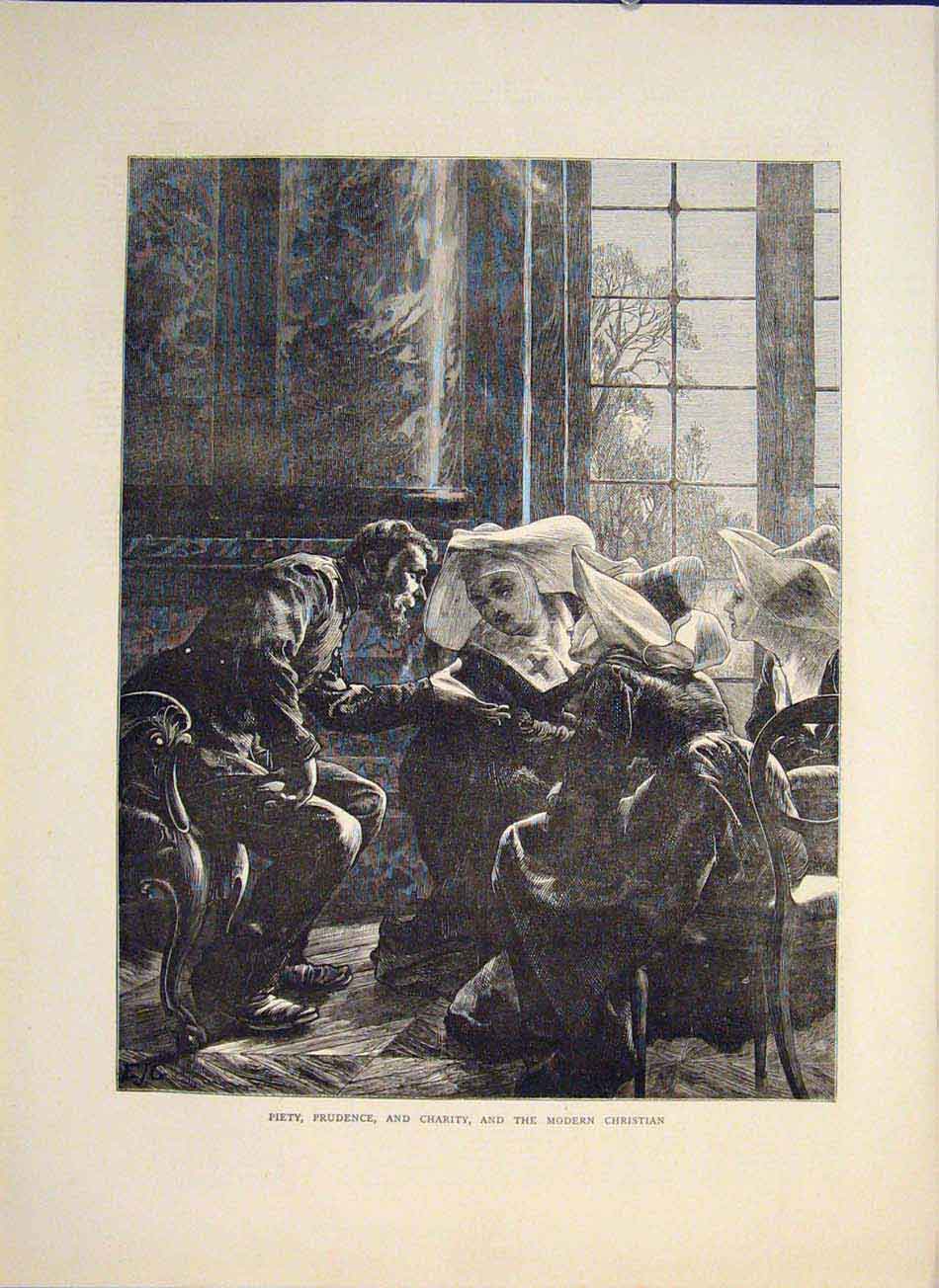 Original Old Antique Print Piety Prudence Charity Modern Christian Religion 1871
