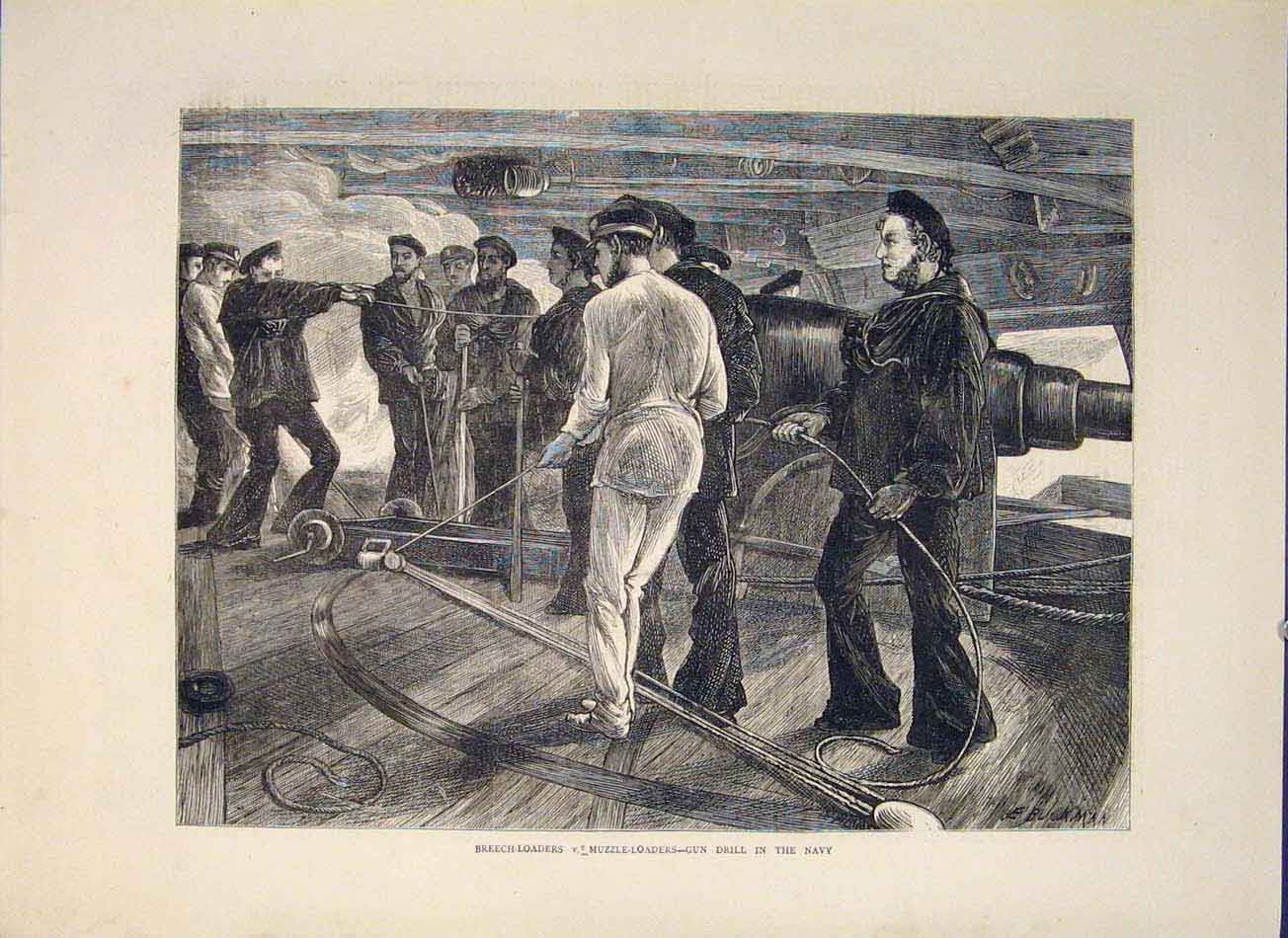 Original Old Antique Print Breech Loader Muzzle Gun Drill Navy Ship Ships 1871