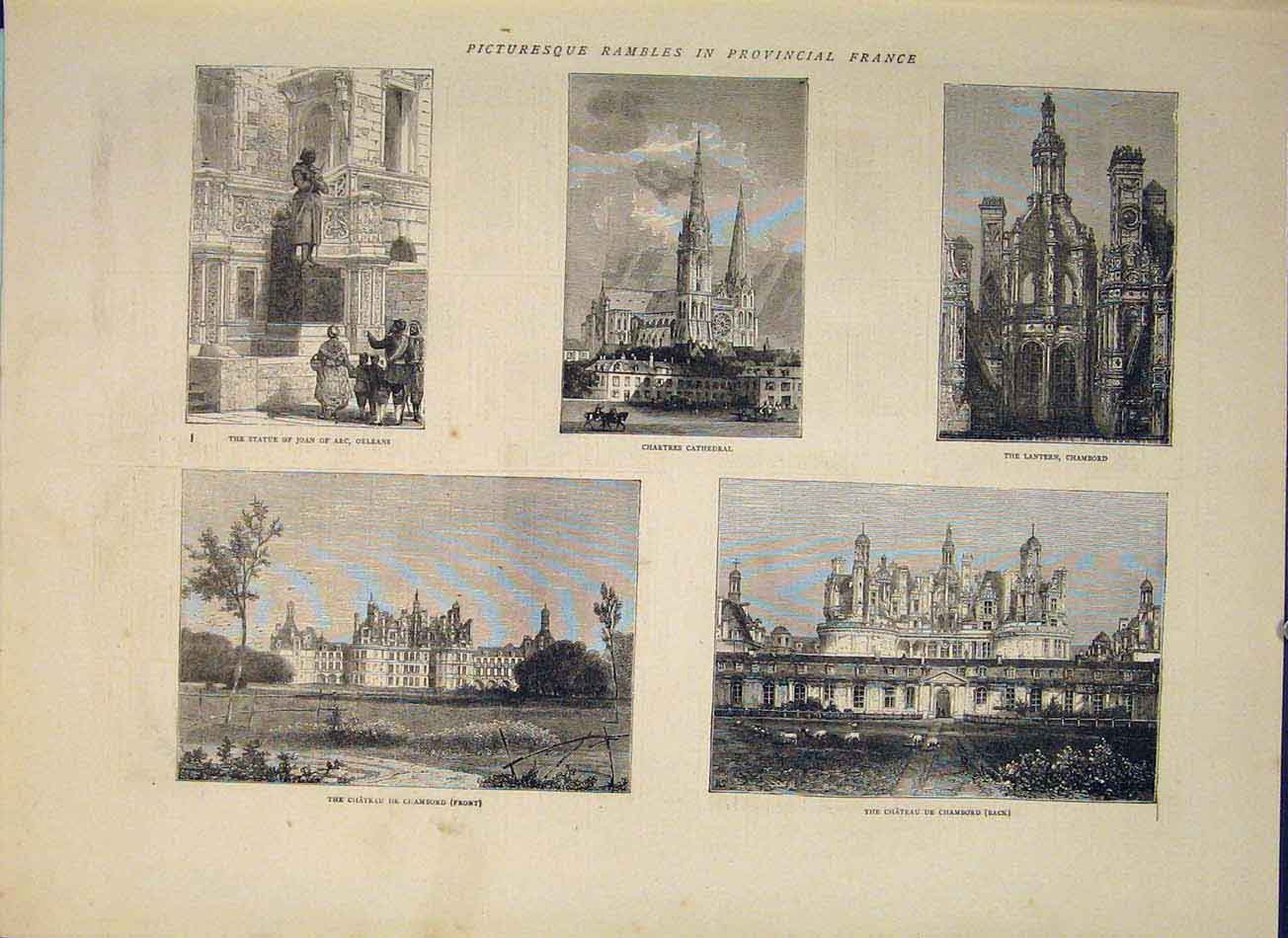 Original Old Antique Print Provincial France Orleans Chartres Chambord 1871 19th