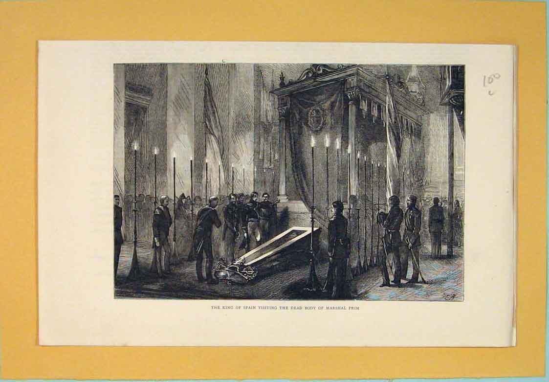 Original Old Antique Print King Spain Marshall Prim 1871 19th Century