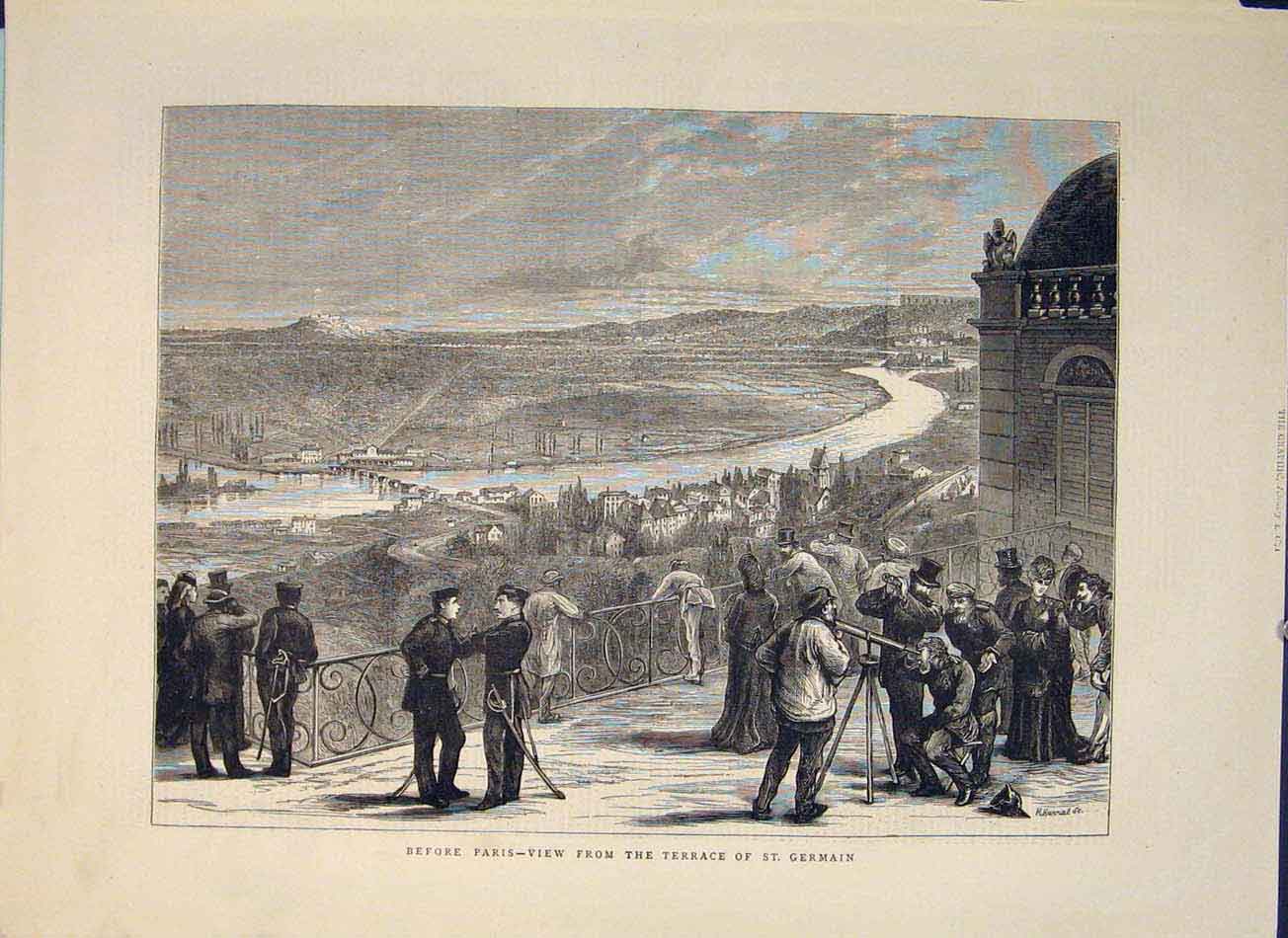 Original Old Antique Print Paris Terrace St Germaine France River 1871 Victorian