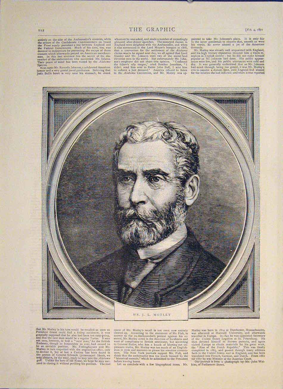 Original Old Antique Print Portrait Motley 1871 19th Century
