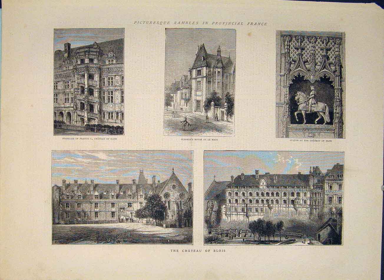Original Old Antique Print Provincial France Chateau Blois Le Mans 1871 19th