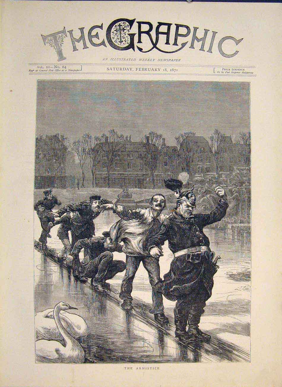 Original Old Antique Print Armstice France Paris Commune Ice Swan 1871 Victorian