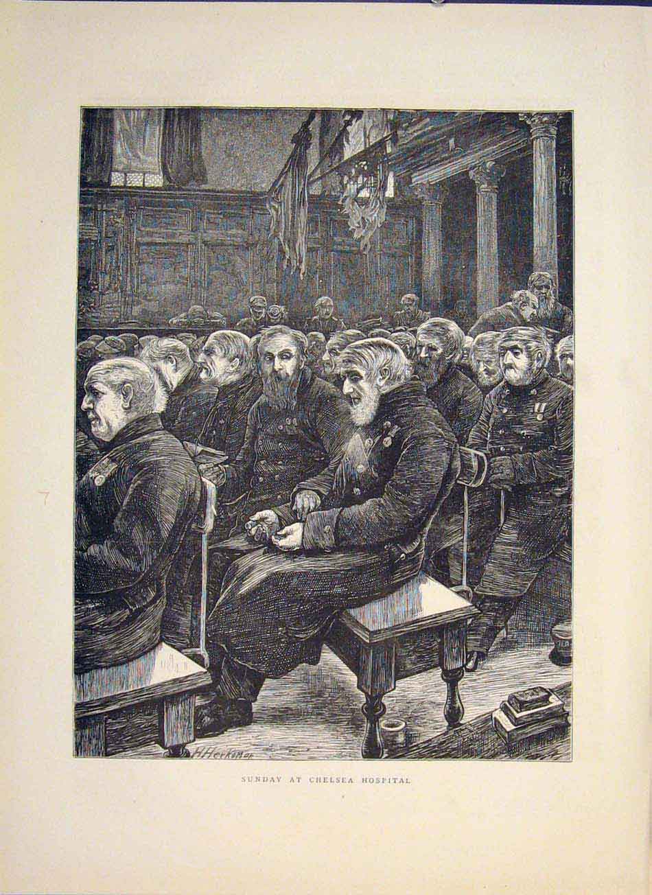 Original Old Antique Print Chelsea Hospital Sunday London 1871 19th