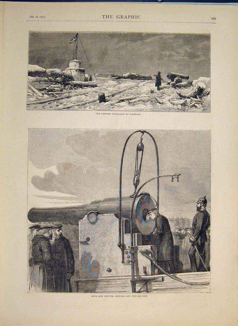 Original Old Antique Print German Tricolour Valerin Moltke Gun 1871 Victorian