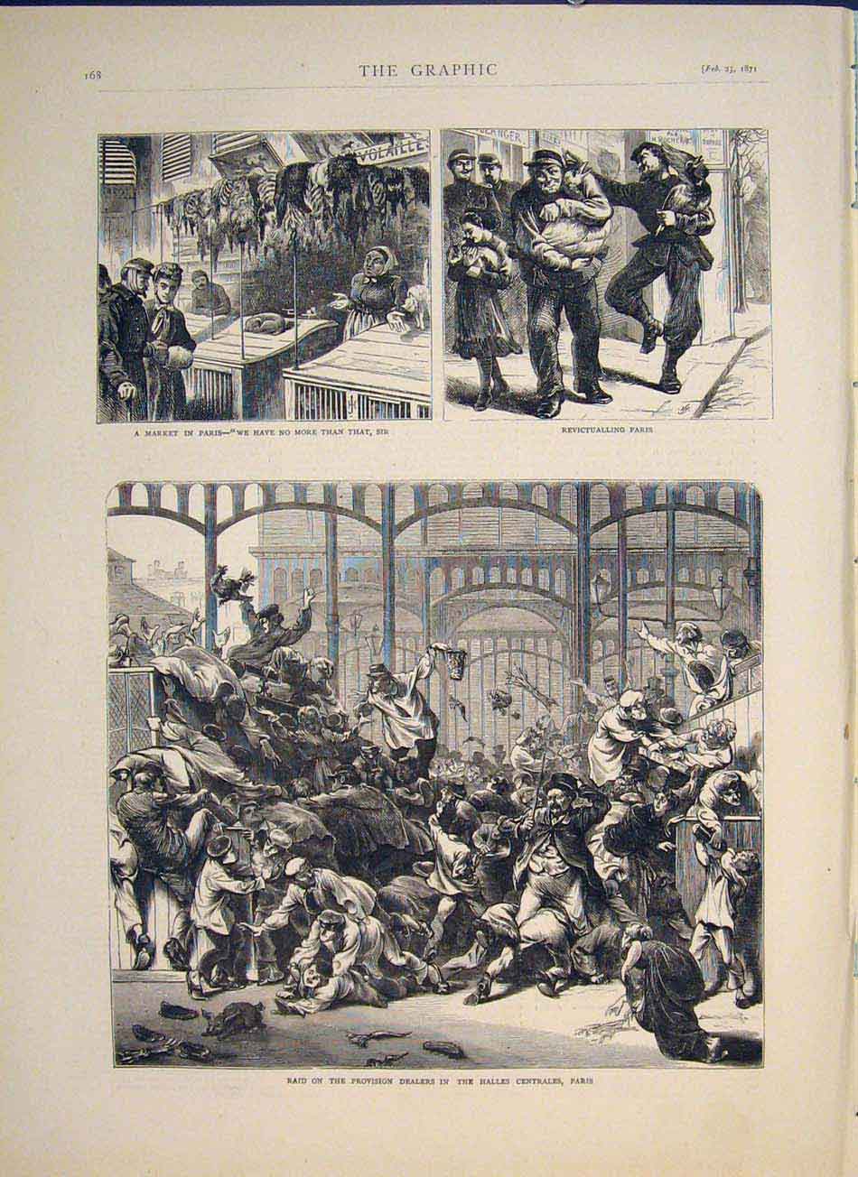 Original Old Antique Print Market Paris Raid Halles Centrales France 1871 19th