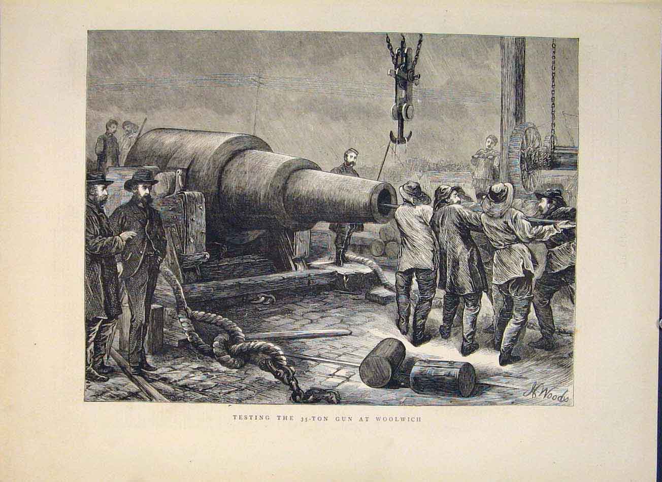 Original Old Antique Print 35 Ton Gun Woolwich London Test 1871