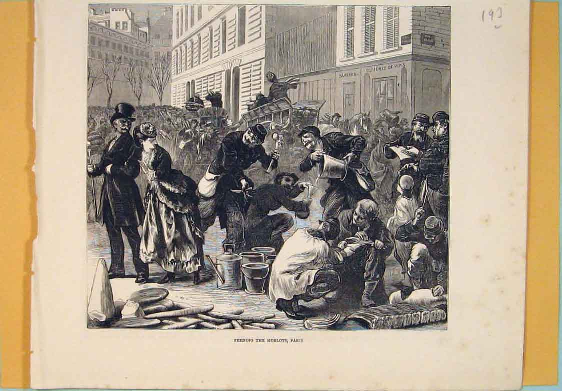 Original Old Antique Print Moblots Feeding Paris France Street 1871 Victorian