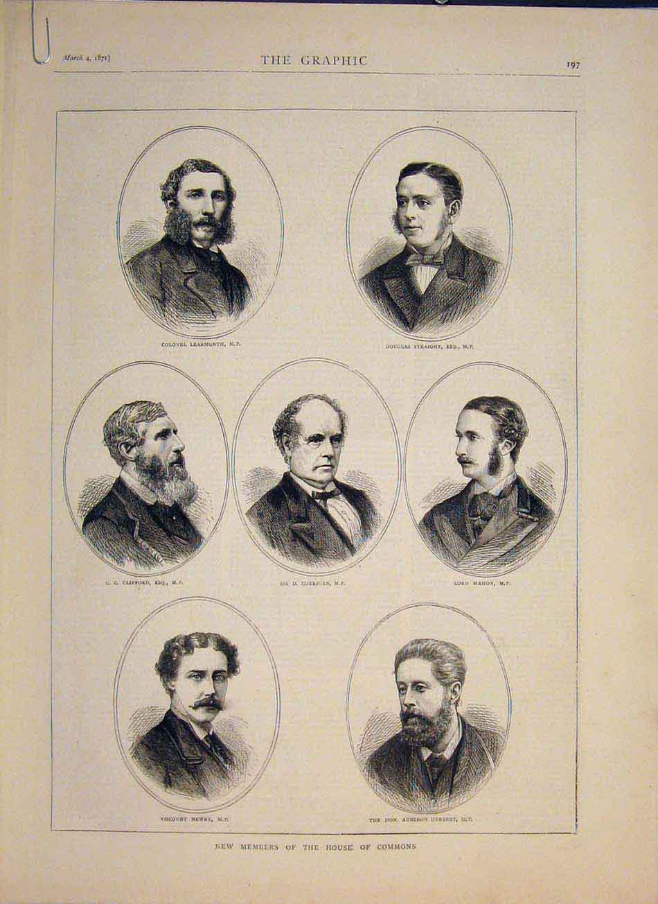 Original Old Antique Print Portrait Members House Commons London 1871 Victorian