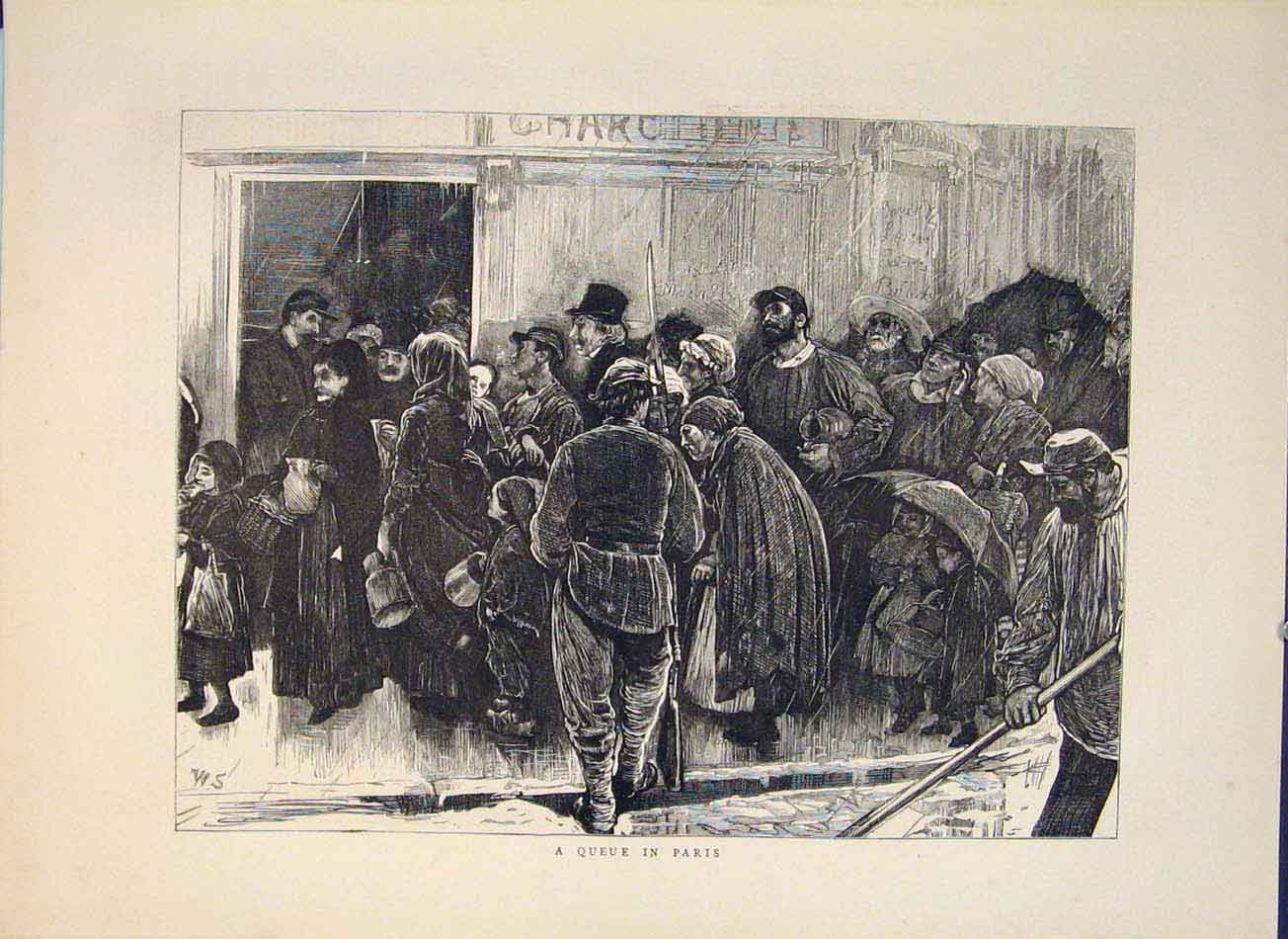 Original Old Antique Print Queue Paris France 1871 French 19th Century