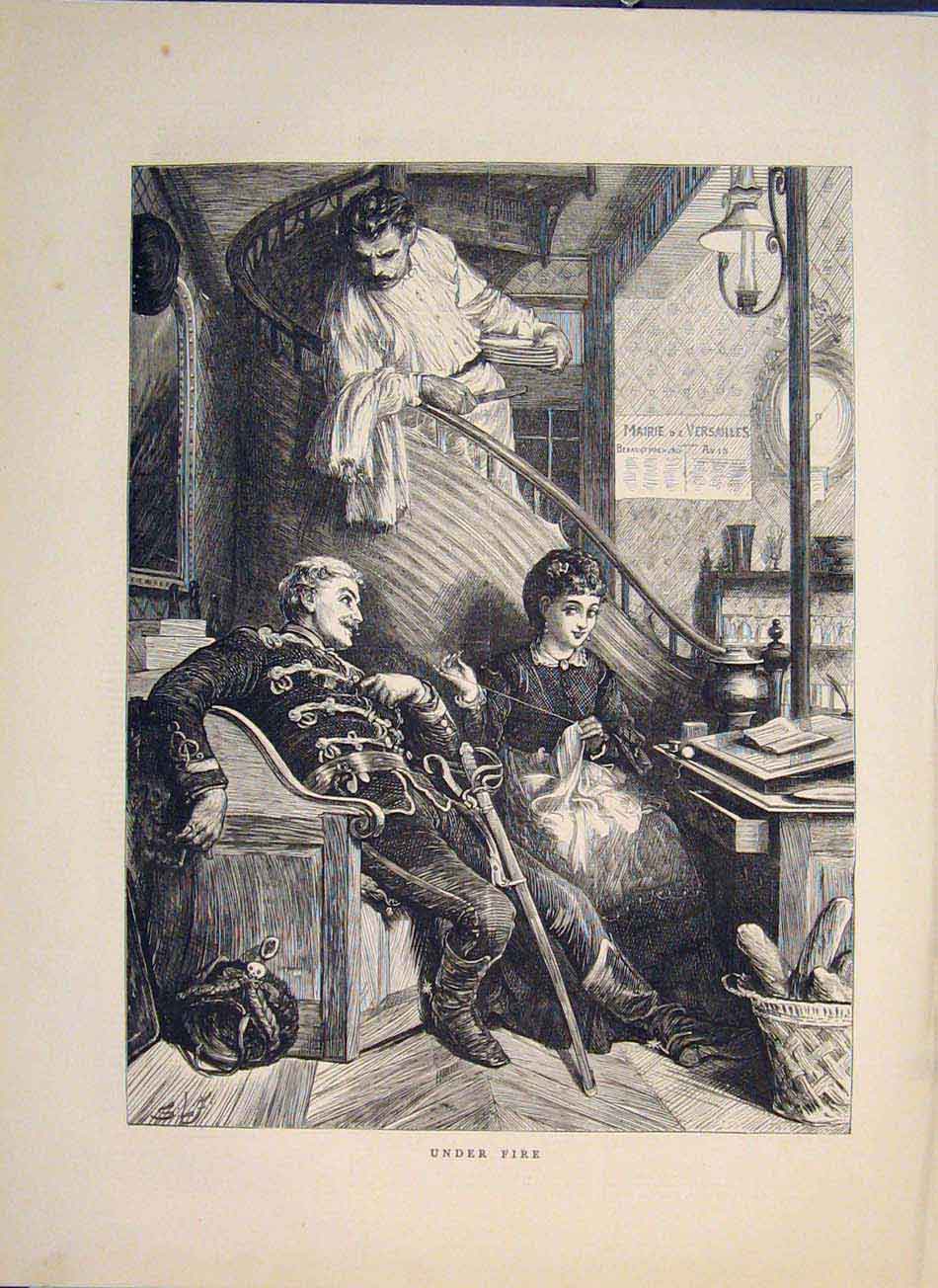 Original Old Antique Print Under Fire Versailles France 1871 19th