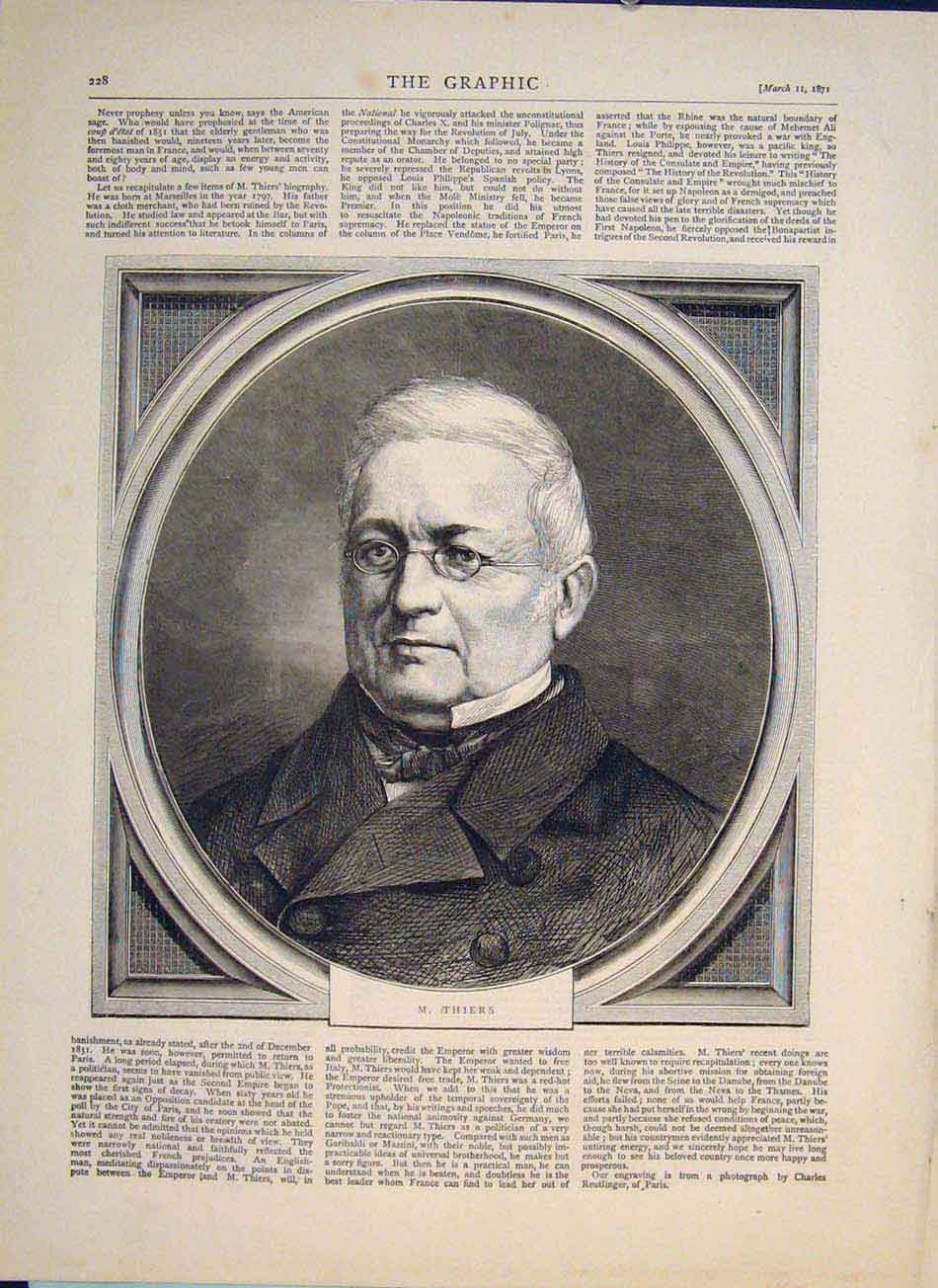 Original Old Antique Print Portrait Thiers Marseilles France 1871 19th