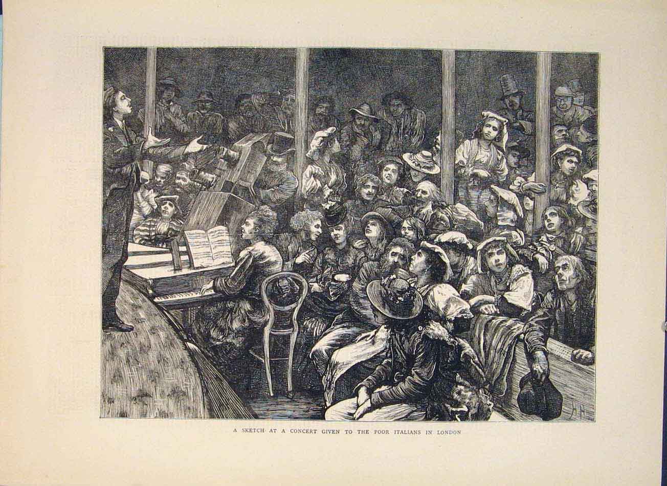 Original Old Antique Print Sketch Concert Poor Italians London Italian 1871 19th