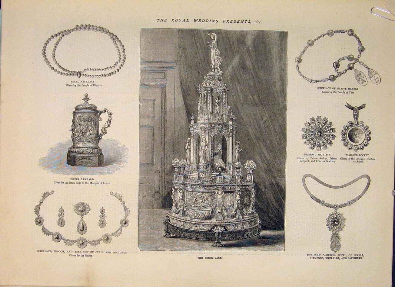 Original Old Antique Print Jewellery Royal Wedding Presents Bible Casket 1871