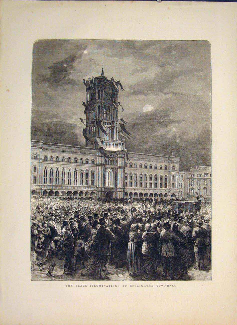 Original Old Antique Print Peace Illuminations Berlin Germany Townhall 1871 19th