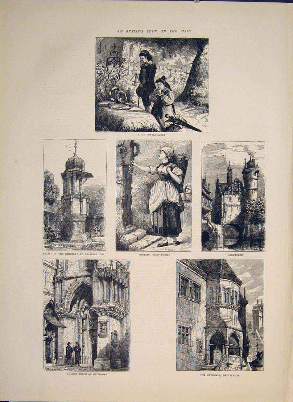 Old Antique Print Mainbernheim Main Sketches Marktbreit Church Dettelbach