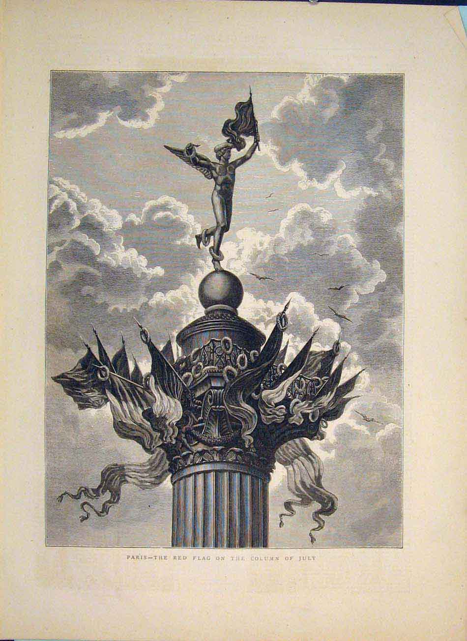 Original Old Antique Print Paris Red Flag Column July France 1871 19th