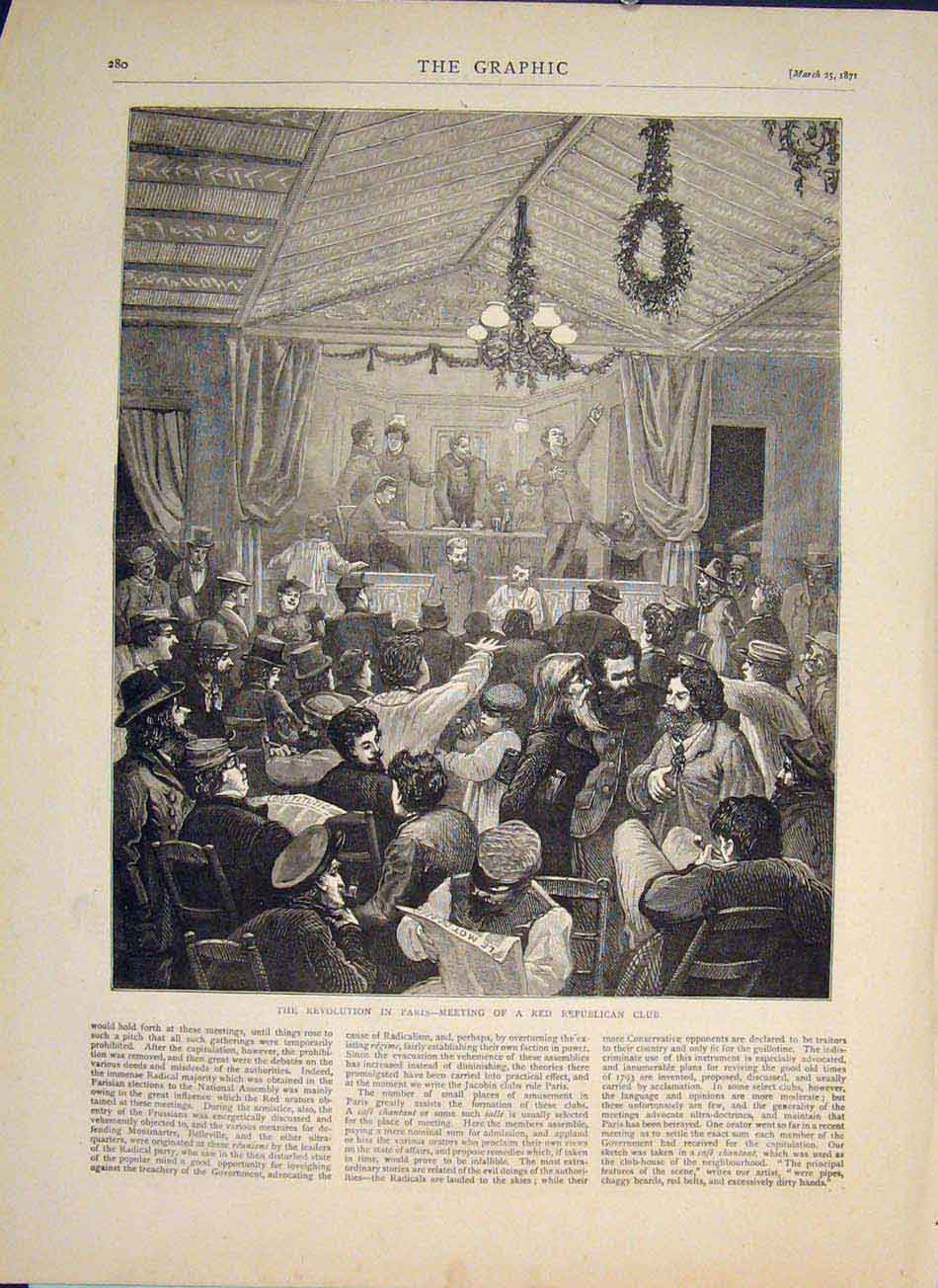 Original Old Antique Print Revolution Paris Meeting Red Republican Club 1871