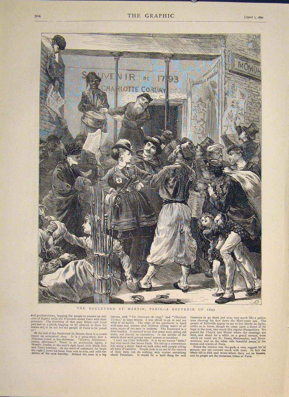 Original Old Antique Print Boulevard St Martins Paris Souvenir 1793 1871 18th