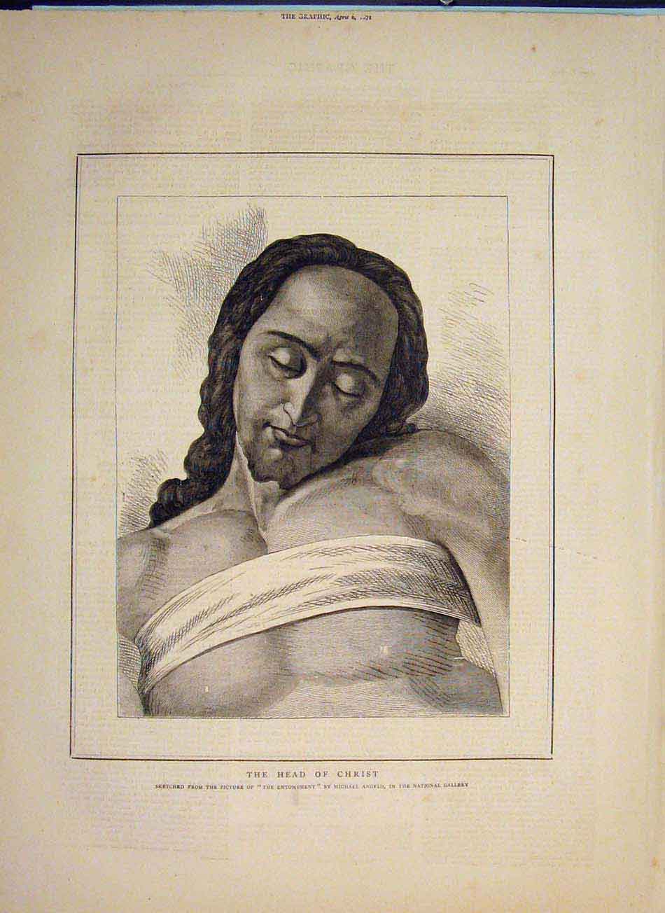 Original Old Antique Print Head Christ Sketch Entombment Michael Angelo 1871