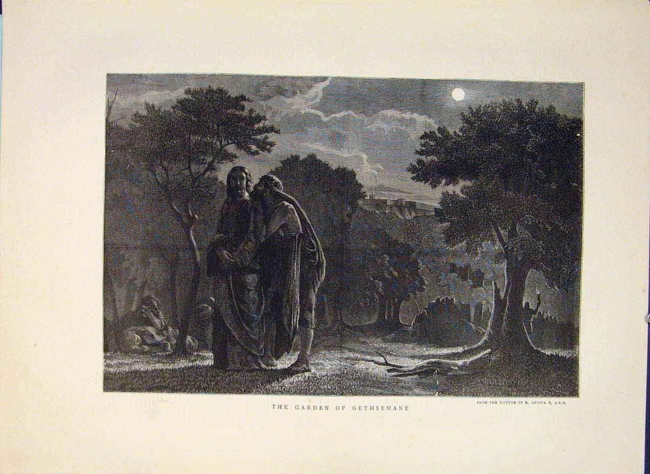 Original Old Antique Print Garden Gethsemane Armita Religious Fine Art 1871 19th
