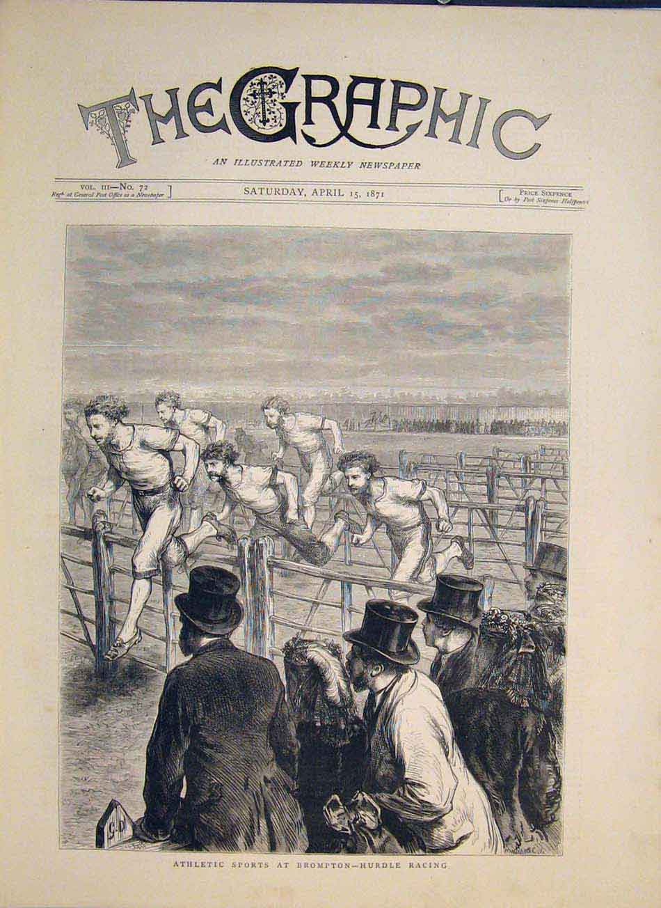 Original Old Antique Print Athletic Sports Brompton Hurdle Race Races Sport 1871