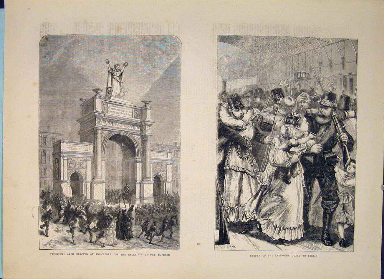Original Old Antique Print Arch Frankfort Emperor Landwehr Guard Berlin 1871