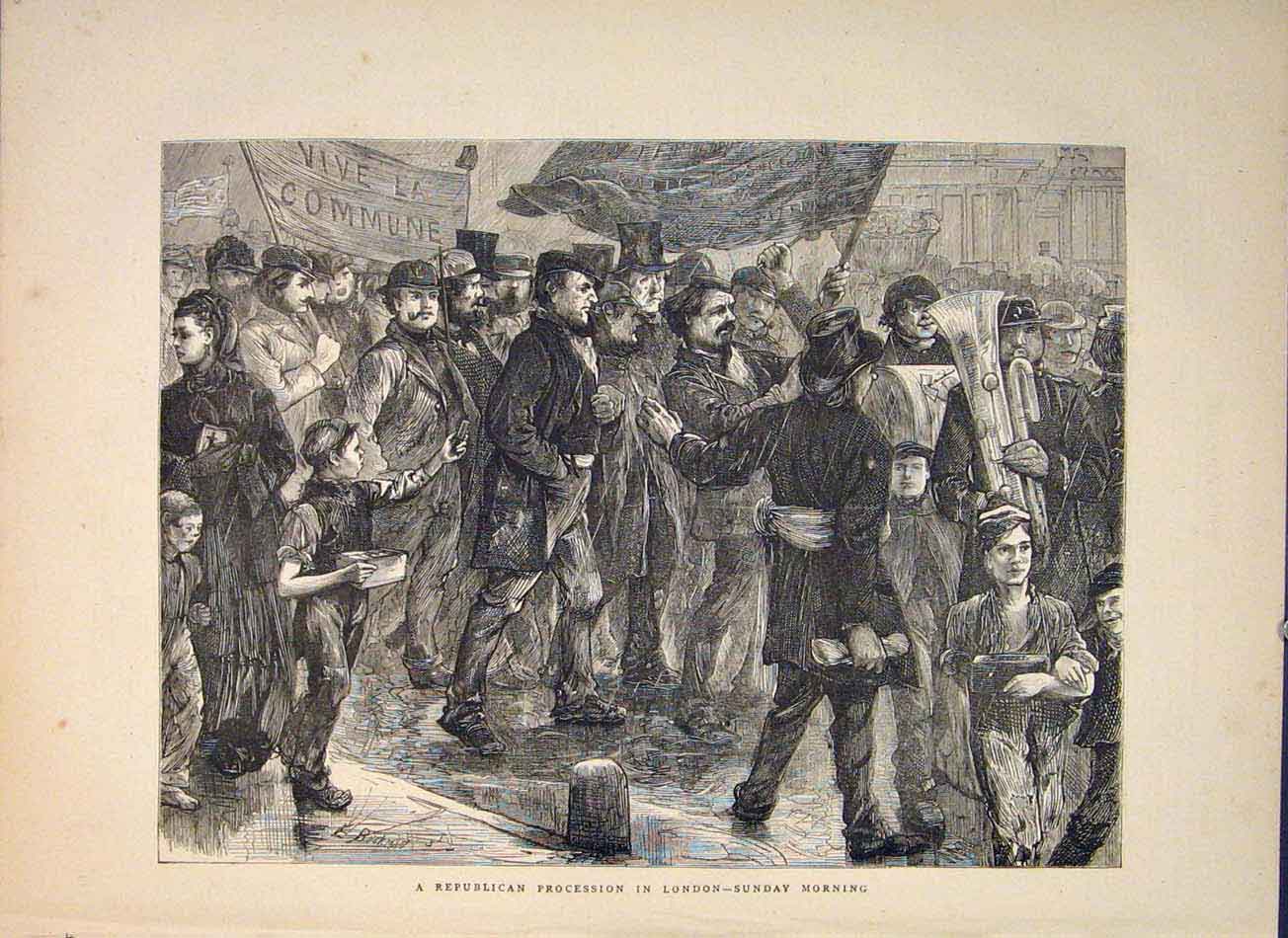 Original Old Antique Print Republican Procession London Sunday Morning 1871 19th