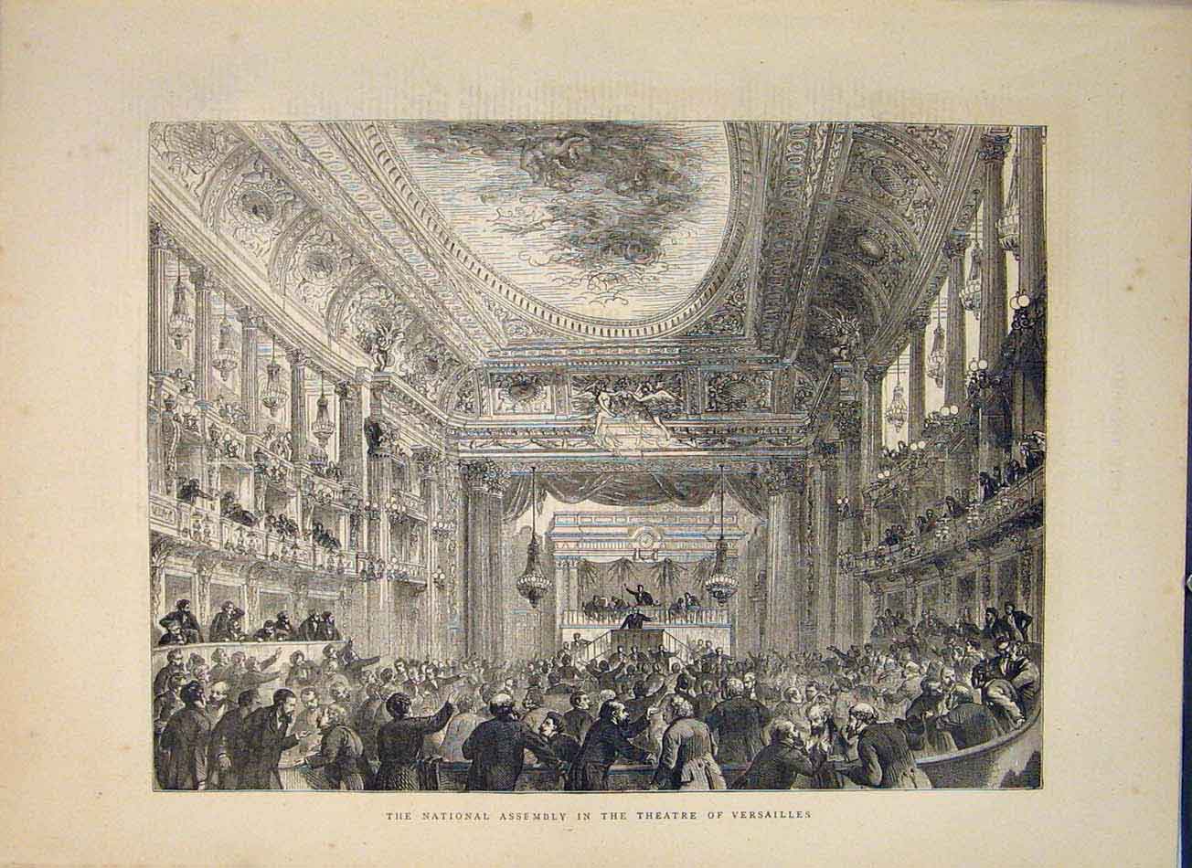 Old Antique Print National Assembly Theatre Versailles Paris France 1871 19th