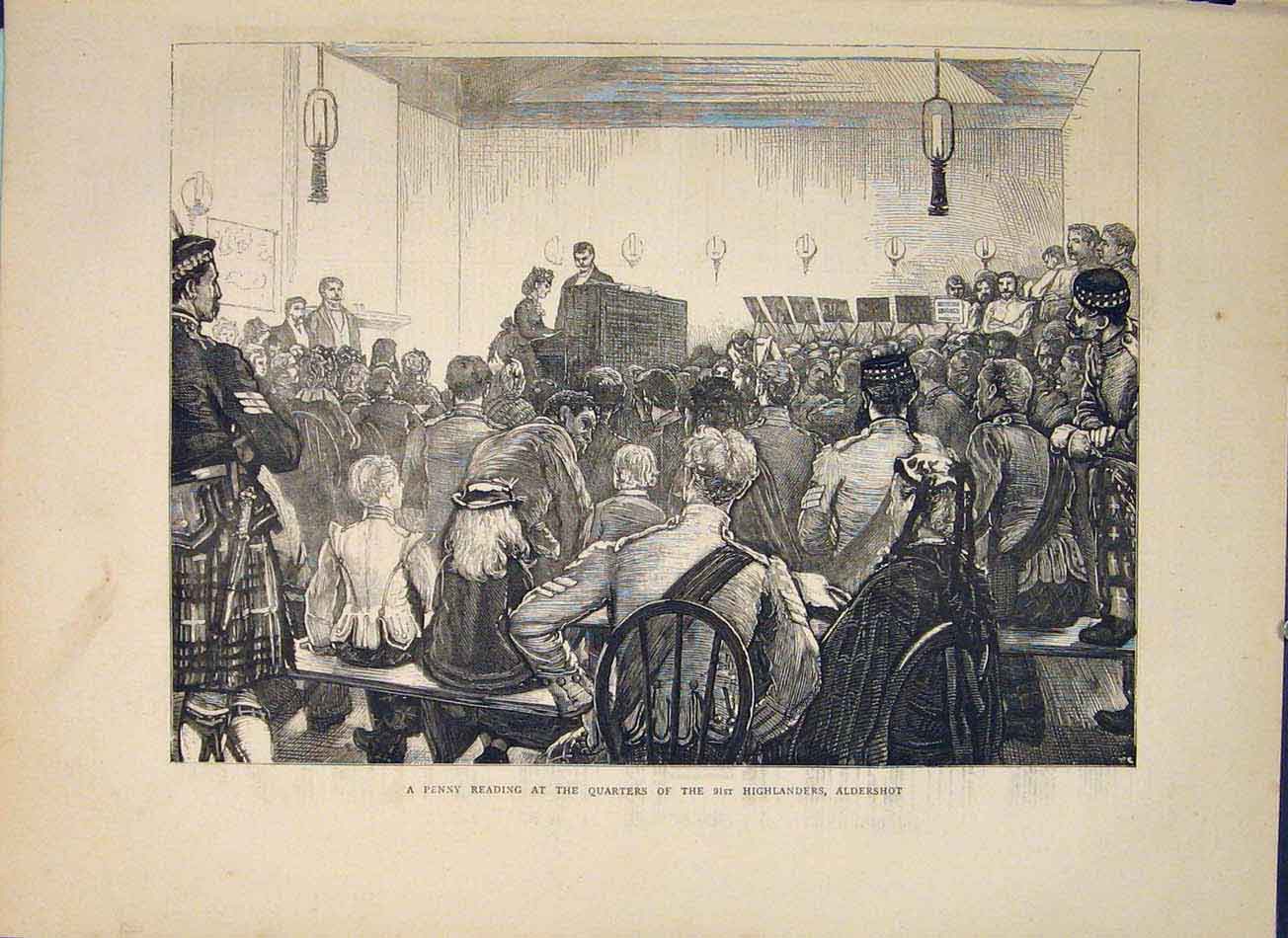 Original Old Antique Print Penny Reading 91St Highlanders Aldershot 1871
