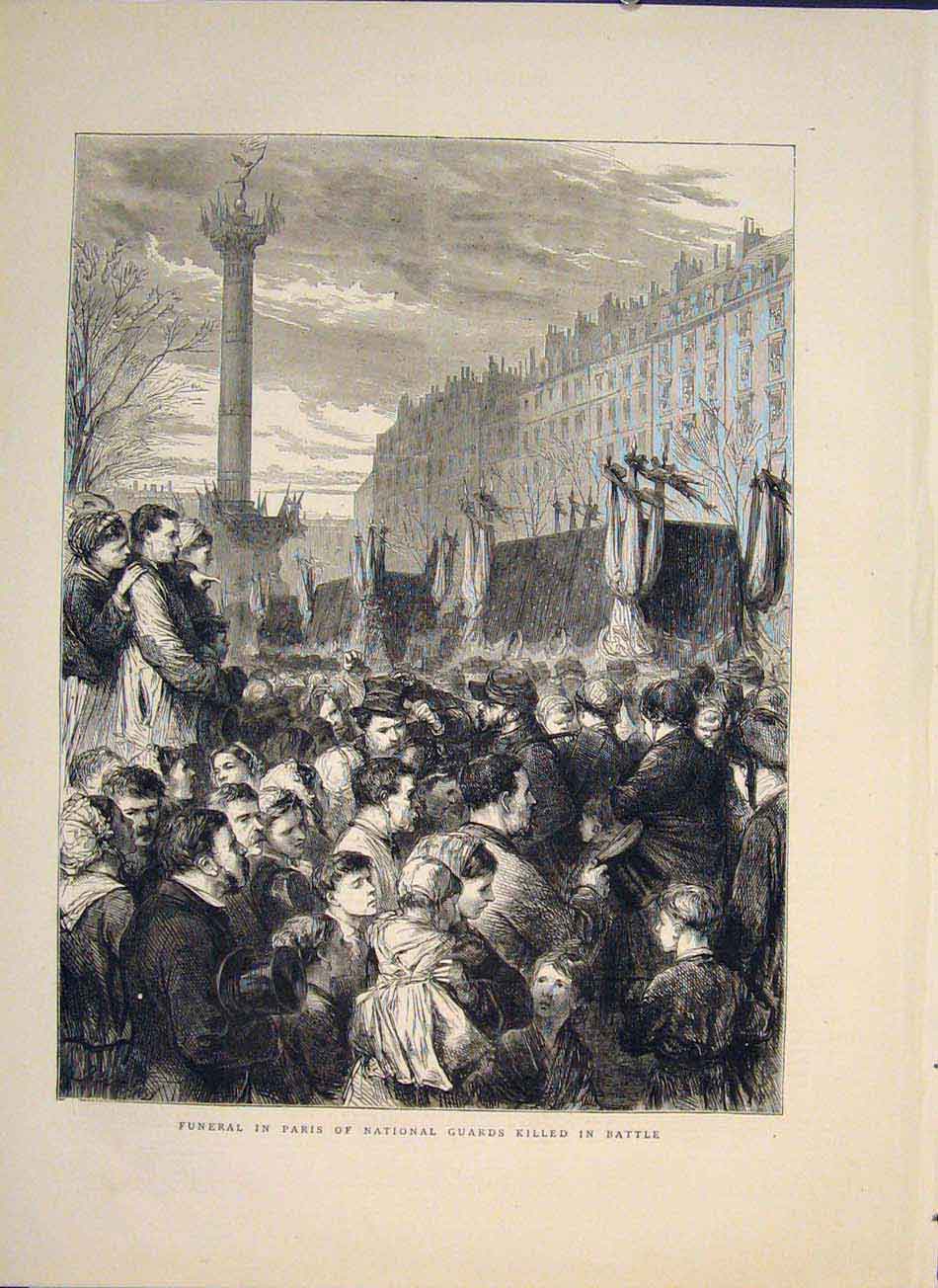 Original Old Antique Print Funeral Paris France National Guards Battle 1871 19th
